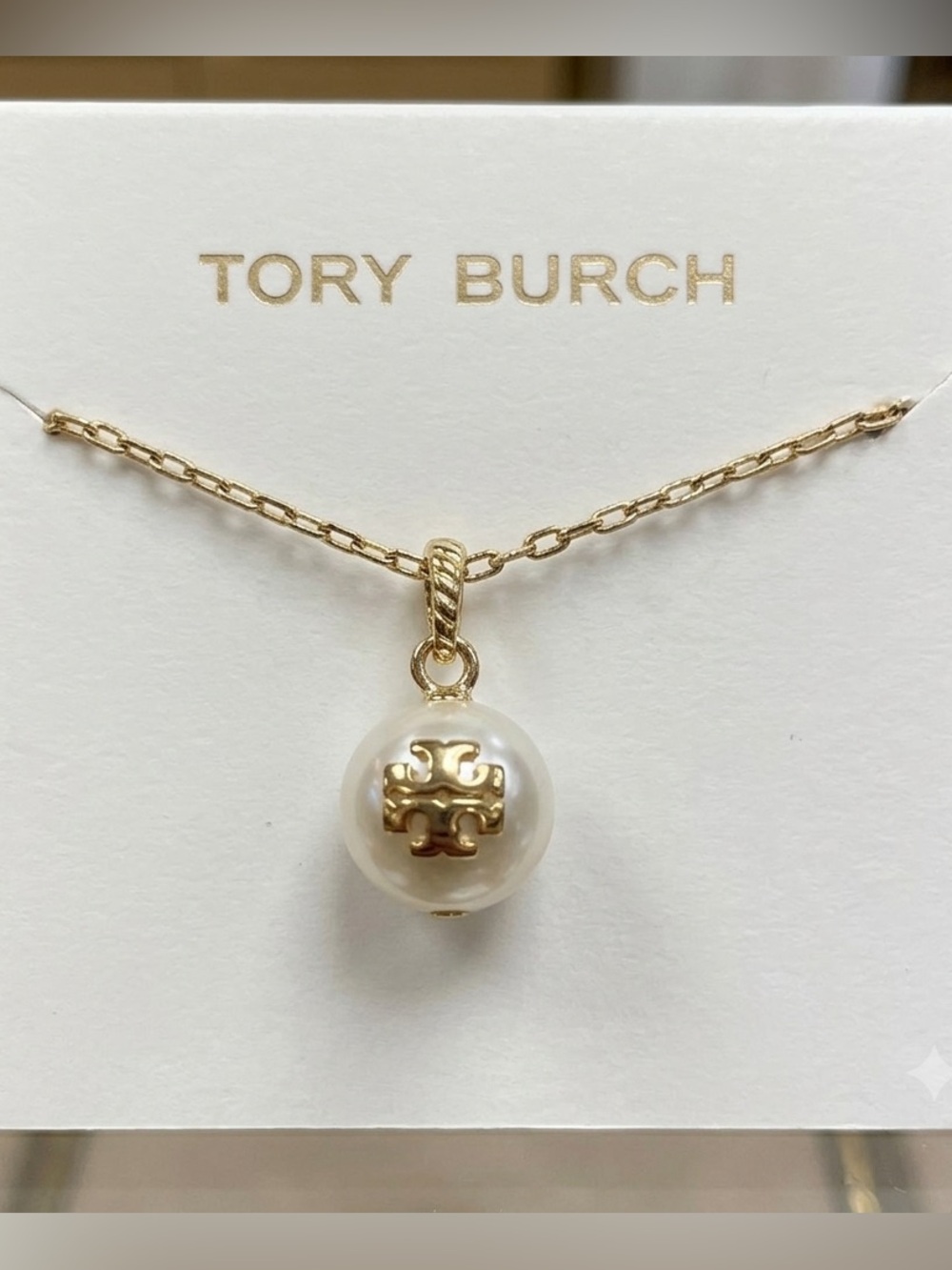NWT Tory Burch Gold Tone Faux Pearl Double T Logo Pendant Necklace